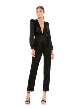 NWT Ieena MacDuggal Satin Black Long-Sleeve Wrap Jumpsuit 0 China